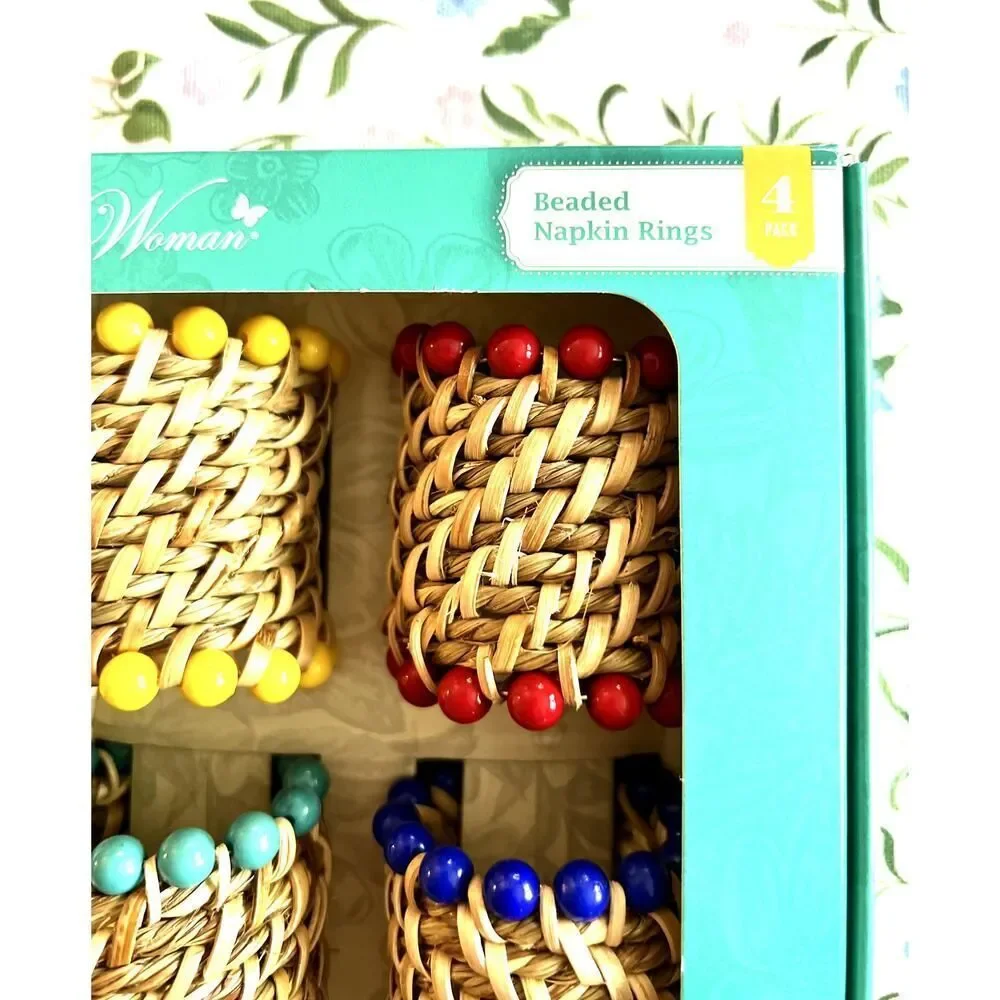 The Pioneer Woman Beaded Wicker Napkin Rings Set 4 Farmhouse Tablescape NWT